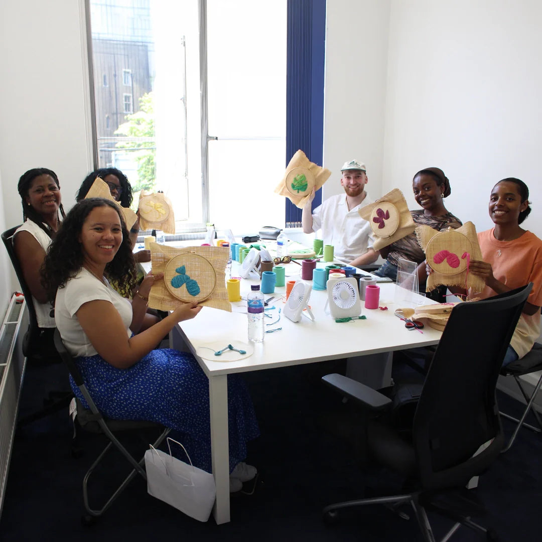 Tihara Smith teaching a Caribbean-inspired raffia embroidery workshop