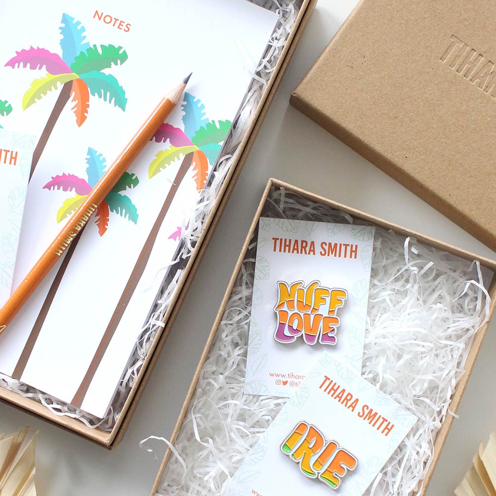Tihara Smith tropical gift set with a notebook, pins and pencil.