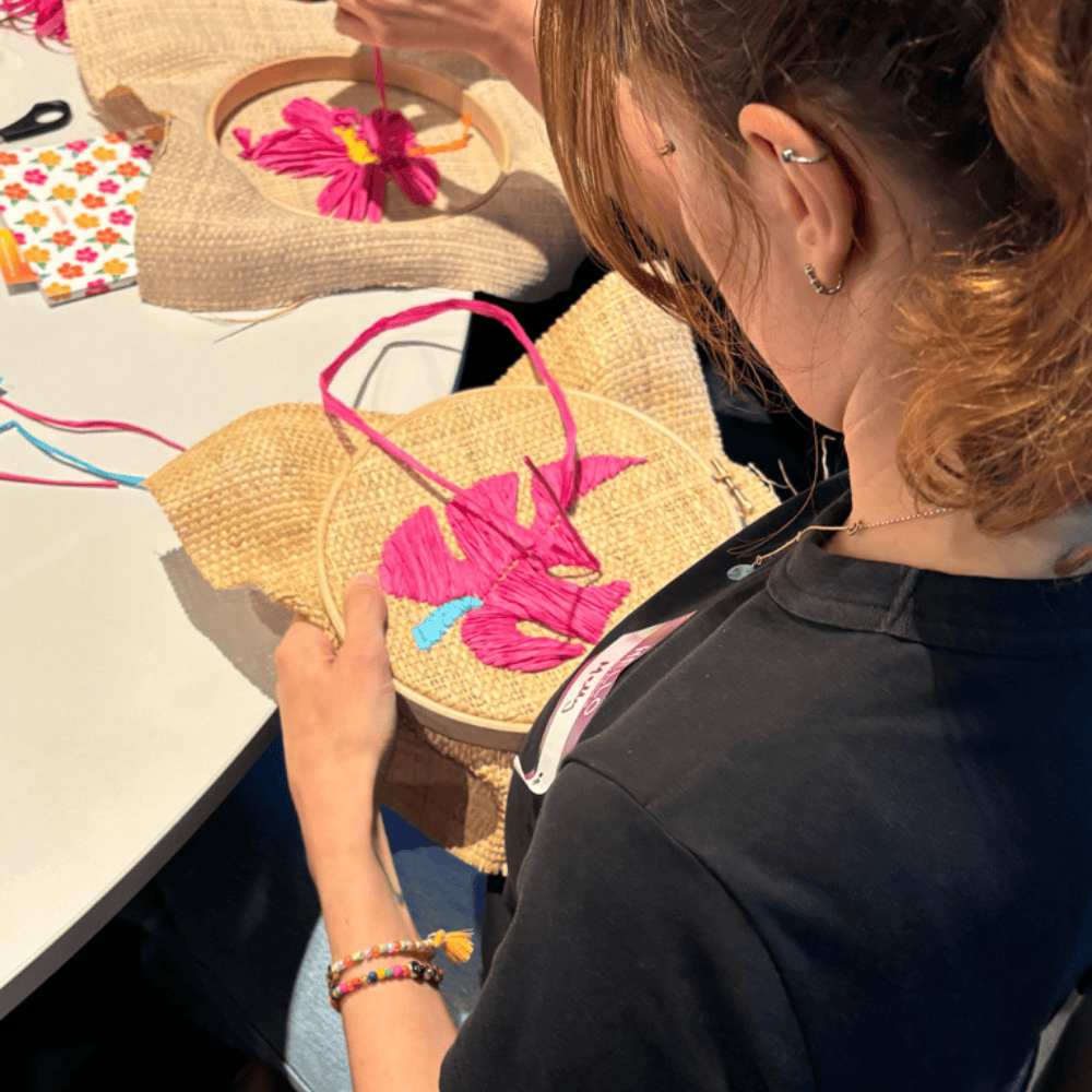 Image of finished raffia embroidery hoop and Bon Mangé sauces