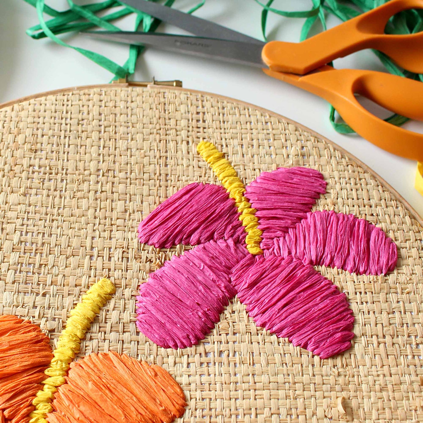 Image of hibiscus flower raffia embroidery hoop art