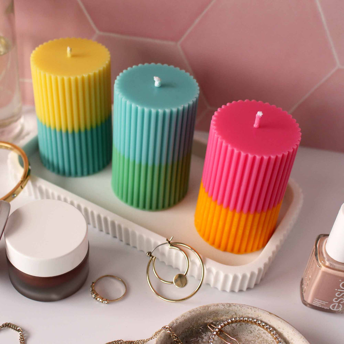 PARADISE Candle Colourful Pillar Candle Yellow & Turquoise Soy Wax