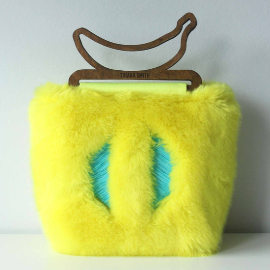 Load image into Gallery viewer, Mandeville Faux Fur Banana Handle Bag - Yellow and Blue

