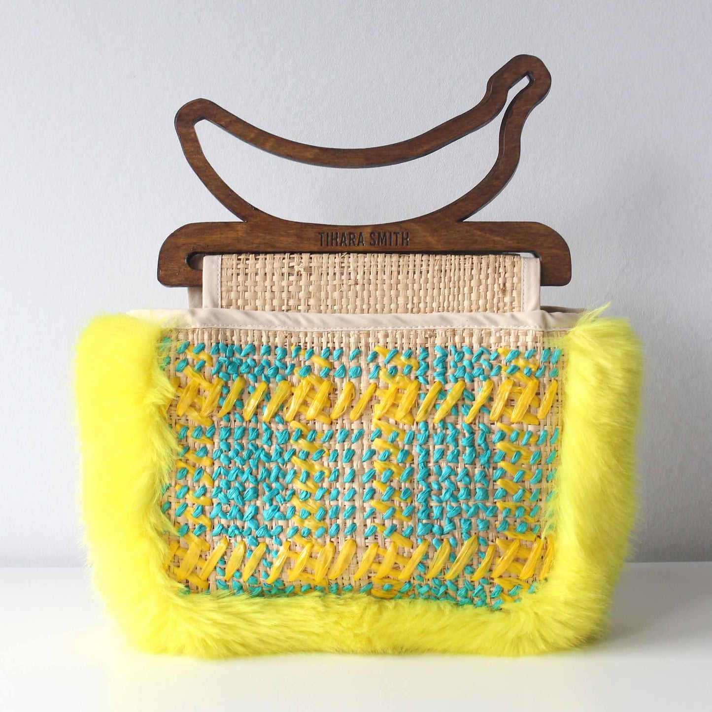 Montserrat Raffia Embroidered and Faux Fur Banana Handle Bag - Yellow and Blue